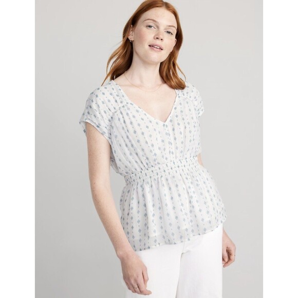 NWT Old Navy White Blue Printed Waist Defined Dolman Sleeve Top Blouse M - Picture 1 of 8